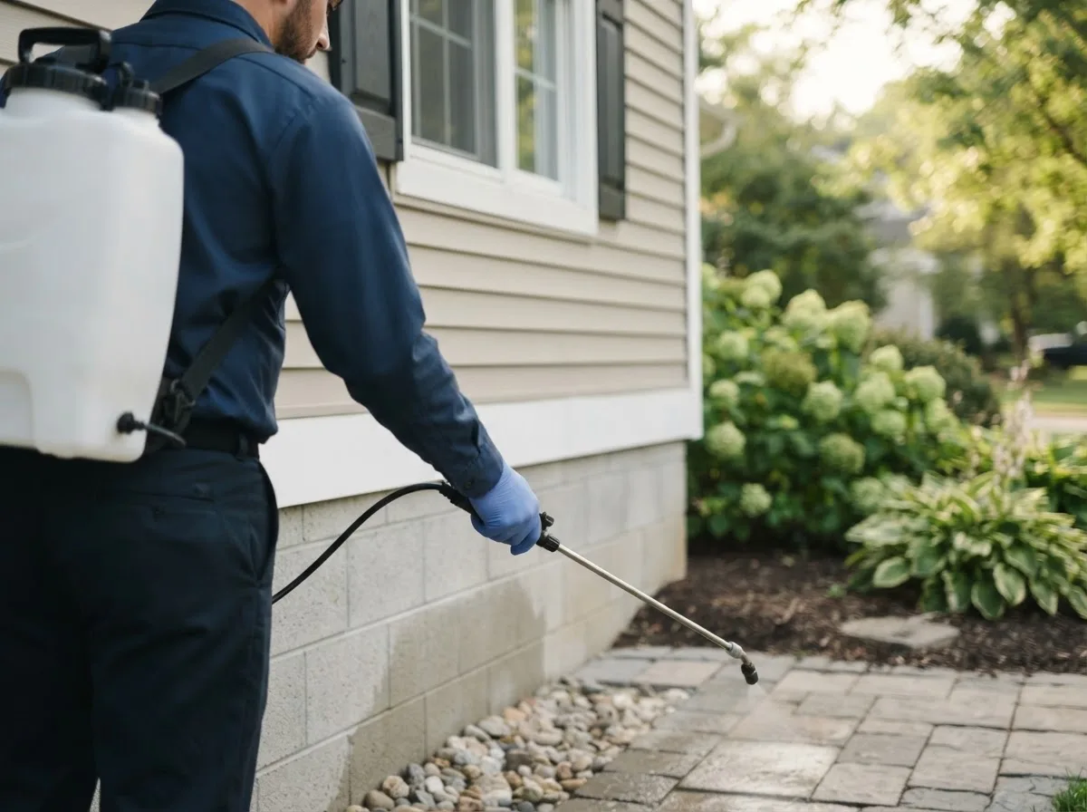 Pest control technician inspecting a home in Union Furnace, OH